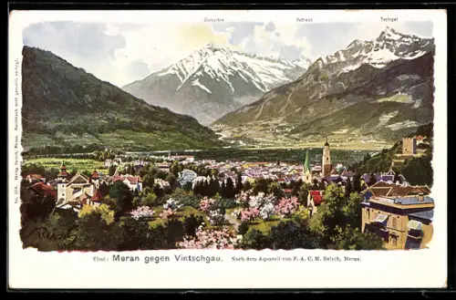 Künstler-AK F.A.C.M. Reisch: Meran, Totalansicht mit Vintschgau