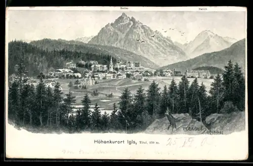 Künstler-AK F.A.C.M. Reisch: Igls /Tirol, Blick auf den Ort mit Bergen