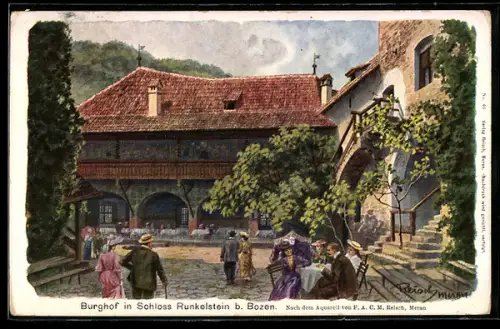 Künstler-AK F.A.C.M. Reisch: Bozen, Burghof in Schloss Runkelstein b. Bozen