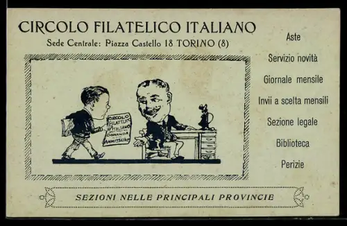 AK Torino, Circolo Filatelico Italiano, Junge und Mann mit Zeitung, Ausstellung