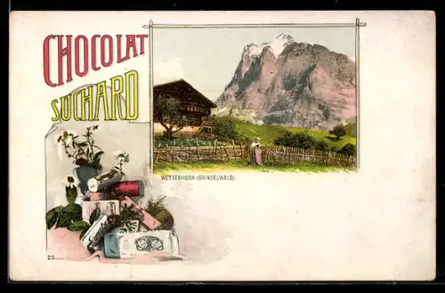 AK Reklame Chocolat Suchard, gestapelte Schokoladenpackungen, Wetterhorn (Grindelwald)