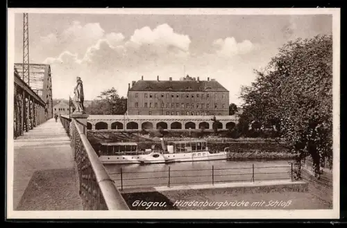 AK Glogau, Hindenburgbrücke mit Schloss und Statue
