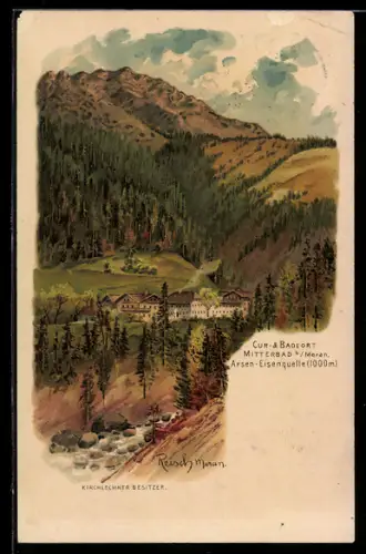 Künstler-AK F.A.C.M. Reisch: Mitterbad b/Meran, Blick zur Kuranstalt, Arsen-Eisenquelle