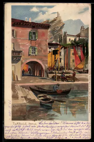 Künstler-Lithographie Zeno Diemer: Torbole, Partie im Hafen, Segelboote