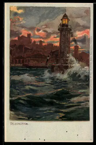 Künstler-AK Zeno Diemer: Desenzano, Leuchtturm am Hafen bei abendlichem Sturm
