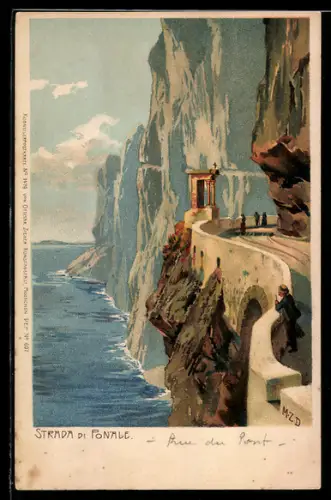 Künstler-AK Zeno Diemer: Riva del Garda, Strada di Ponale, Strassenpartie mit Blick auf den Gardasee