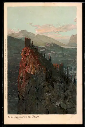 Künstler-AK Zeno Diemer: Arco, Sonnenaufgang über der Ortschaft und der Ruine