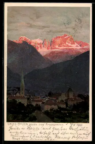 Künstler-AK Zeno Diemer: Gries-Bozen, Stadtansicht gegen Rosengarten