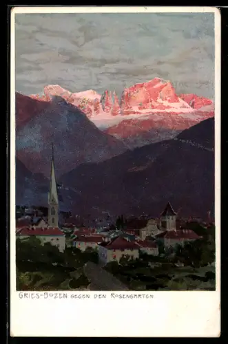 Künstler-AK Zeno Diemer: Gries-Bozen, Stadtansicht gegen Rosengarten