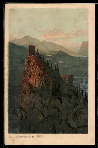 Künstler-AK Zeno Diemer: Arco, Sonnenaufgang über der Ortschaft und der Ruine
