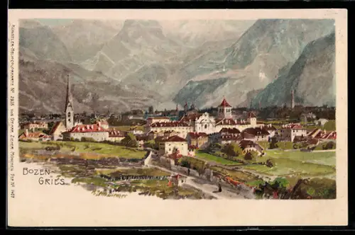 Künstler-AK Zeno Diemer: Bozen-Gries, Gesamtansicht vor Dolomitenwand