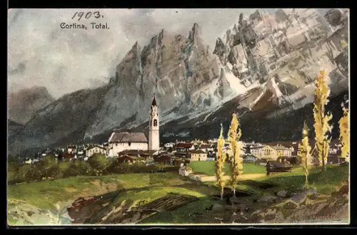 Künstler-AK Zeno Diemer: Cortina d`Ampezzo, Berglandschaft mit Dorf