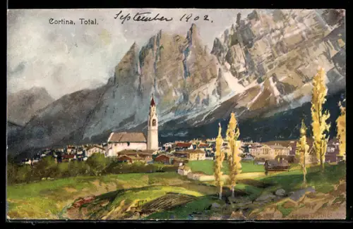 Künstler-AK Zeno Diemer: Cortina d`Ampezzo, Berglandschaft mit Dorf