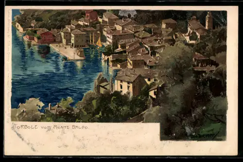 Künstler-Lithographie Zeno Diemer: Torbole, Totalansicht vom Monte Baldo aus