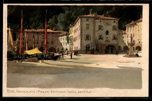 Künstler-AK Zeno Diemer: Riva, Hafenplatz ( Piazza ) mit Rathaus & Hotel Bayerischer Hof