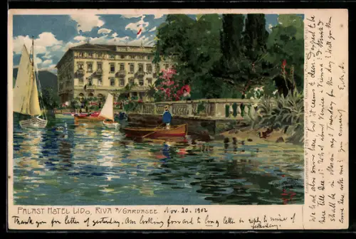 Künstler-AK Zeno Diemer: Riva / Gardasee, Palasthotel Lido vom Wasser aus gesehen
