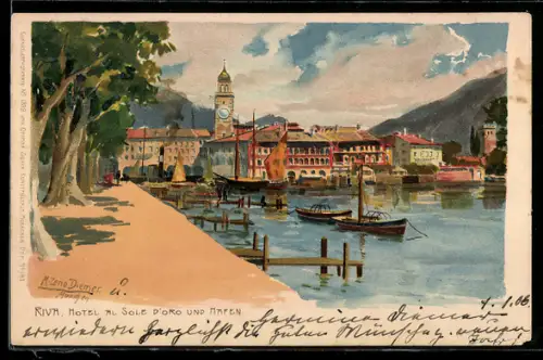 Künstler-AK Zeno Diemer: Riva, Blick über den Hafen zum Hotel al Sole d`Oro