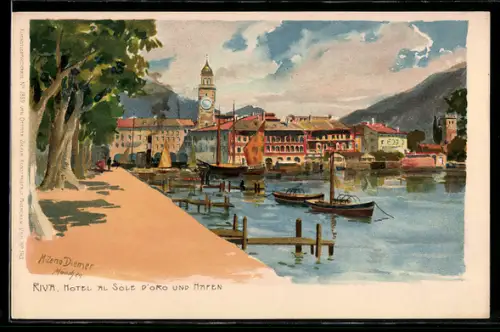 Künstler-AK Zeno Diemer: Riva, Blick über den Hafen zum Hotel al Sole d`Oro