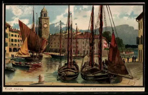 Künstler-AK Zeno Diemer: Riva del Garda, Fischerboote im Hafen