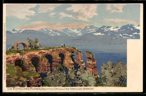 Künstler-Lithographie Zeno Diemer: Sirmione, die römischen Ruinen, Blick auf den gardasee