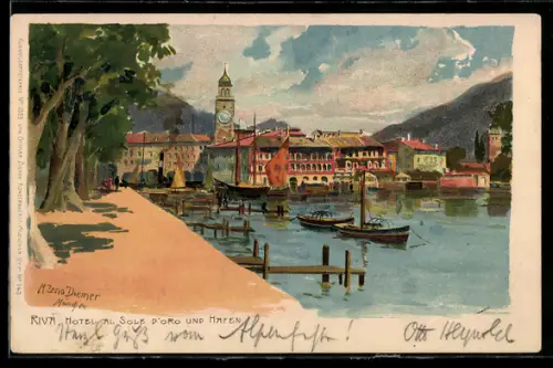 Künstler-AK Zeno Diemer: Riva, Blick über den Hafen zum Hotel al Sole d`Oro