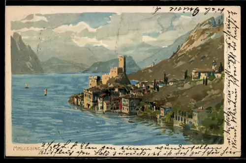 Künstler-AK Zeno Diemer: Malcesine, Blick auf Ort und Gardasee