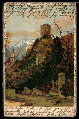 Künstler-AK Zeno Diemer: Meran, Blick auf die Ortschaft
