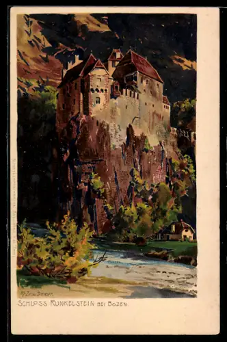 Künstler-AK Zeno Diemer: Bozen, Schloss Runkelstein mit Fluss