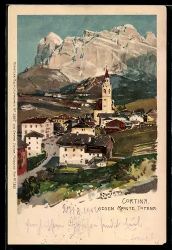 Künstler-AK Zeno Diemer: Cortina, Totalansicht mit Monte Tofana