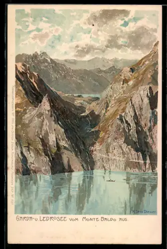 Künstler-AK Zeno Diemer: Ledrosee, Blick mit Gardasee vom Monte Baldo aus