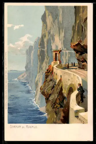 Künstler-AK Zeno Diemer: Riva del Garda, Strada di Ponale, Strassenpartie mit Blick auf den Gardasee