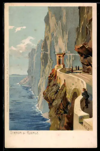 Künstler-AK Zeno Diemer: Riva del Garda, Strada di Ponale, Strassenpartie mit Blick auf den Gardasee