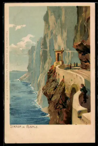 Künstler-AK Zeno Diemer: Riva del Garda, Strada di Ponale, Strassenpartie mit Blick auf den Gardasee