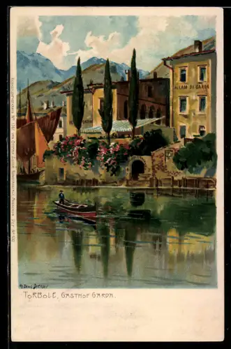 Künstler-Lithographie Zeno Diemer: Torbole, Gasthof Garda, Boot