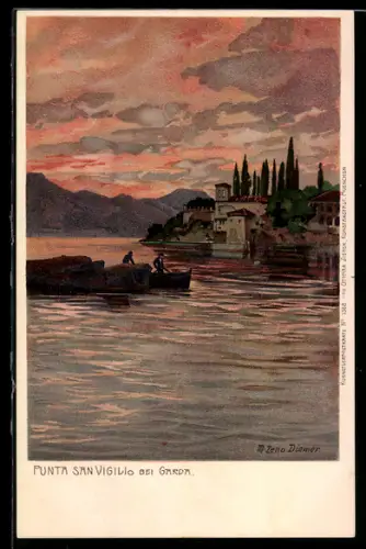 Künstler-AK Zeno Diemer: Garda, Punta San Vigilio, Boote