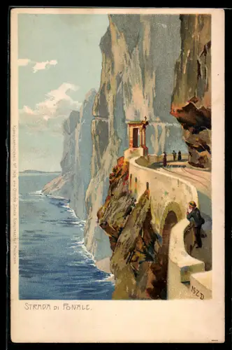 Künstler-AK Zeno Diemer: Riva del Garda, Strada di Ponale, Strassenpartie mit Blick auf den Gardasee