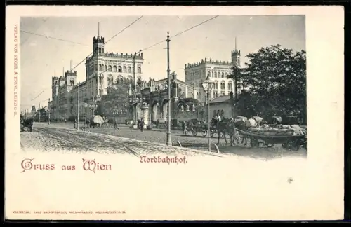 AK Wien, Pferdegespanne vor dem Nordbahnhof