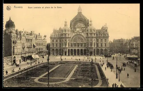 AK Anvers / Antwerpen, Gare centrale et place de la gare, Bahnhof, Pferdekutsche
