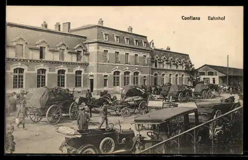 AK Conflans, Kutschen mit Waren vor dem Bahnhof