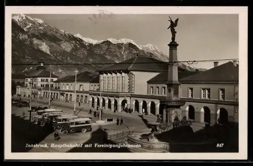 AK Innsbruck, Hauptbahnhof mit Vereinigungsbrunnen
