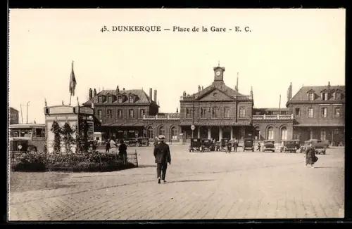 AK Dunkerque, Place de la Gare, Bahnhof