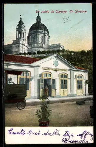 AK Superga, La Stazione con vista sulla basilica di Superga, Bahnhof