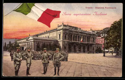 AK Trieste, Stazione Ferroviaria con soldati e bandiera italiana, Bahnhof