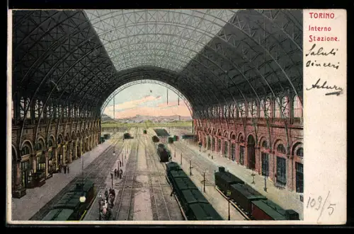 AK Torino, Interno Stazione con treni e passeggeri, Bahnhof
