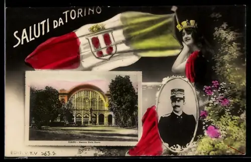AK Torino, Stazione Porta Nuova e ritratto di ufficiale, Bahnhof