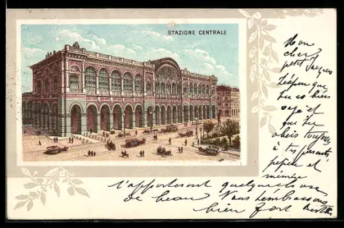 Lithographie Milano, Stazione Centrale con traffico e persone, Bahnhof