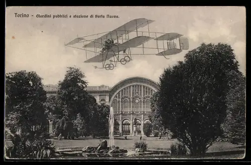 AK Torino, Giardini pubblici e stazione di Porta Nuova con biplano in volo, Bahnhof