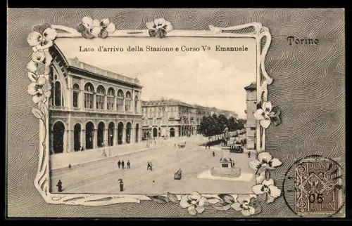 AK Torino, Lato d`arrivo della Stazione e Corso V.o Emanuele, Bahnhof