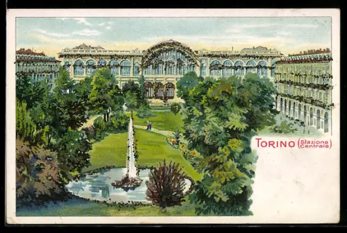 Künstler-AK Torino, Stazione Centrale e giardino con fontana, Bahnhof