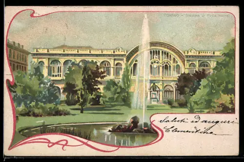 Künstler-AK Torino, Stazione di Porta Nuova con fontana e giardino, Bahnhof